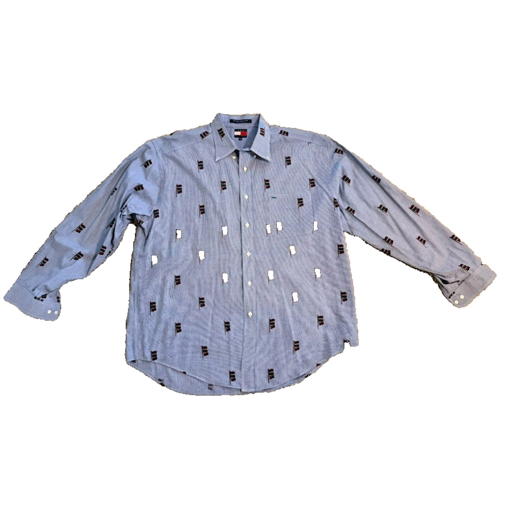 Tommy Hilfiger Men’s XL Button Down Shirt Blue Gingham Flag Embroidered 100% Cot